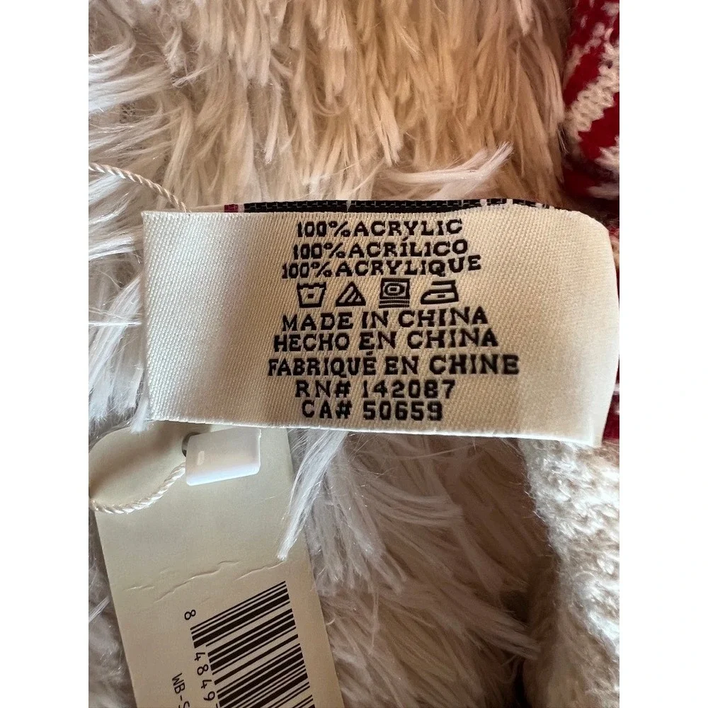 Noelle Knit Scarf OS Red Cream Striped Nordic Alpine Pointelle Faux Fur Pom Poms